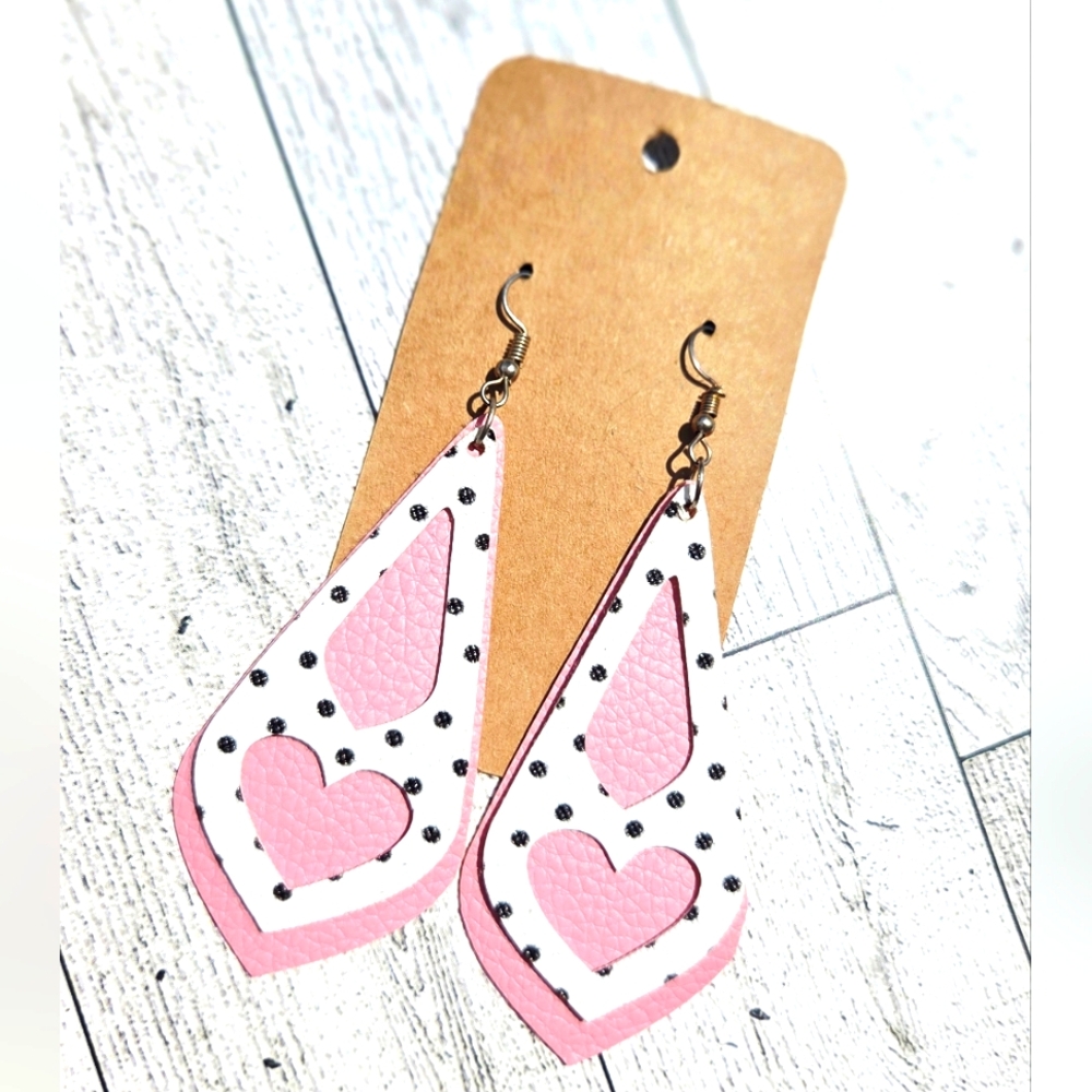 Pink and White Heart Drop Earrings